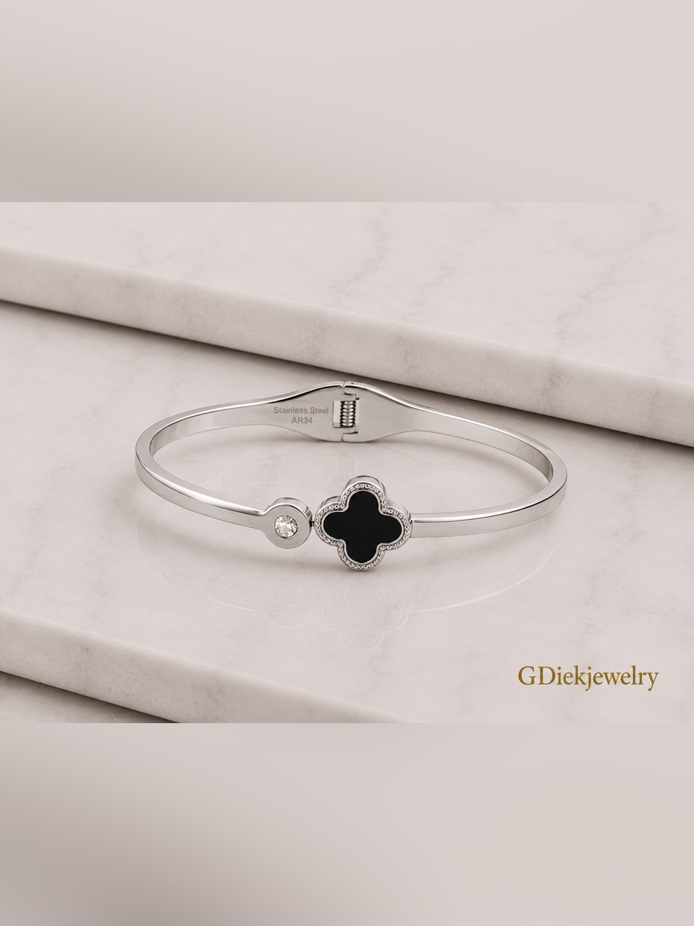 Stainless Steel Black Clover Bangle Bracelet with Crystal Accent
